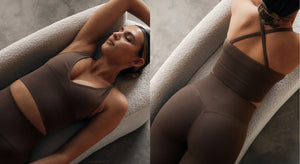 A split image shows a model wearing a macchiato-colored Shape Seamless set. On the left, she is lying down, showcasing the front of the bralette. On the right, she is standing with her back to the viewer, highlighting the design of the tights and the back of the bralette.